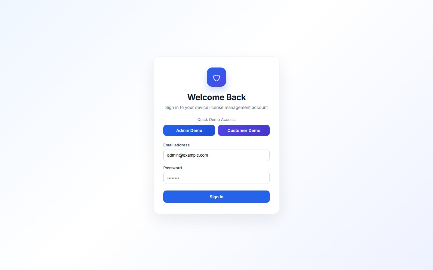 Device License login with admin and customer demo access buttons