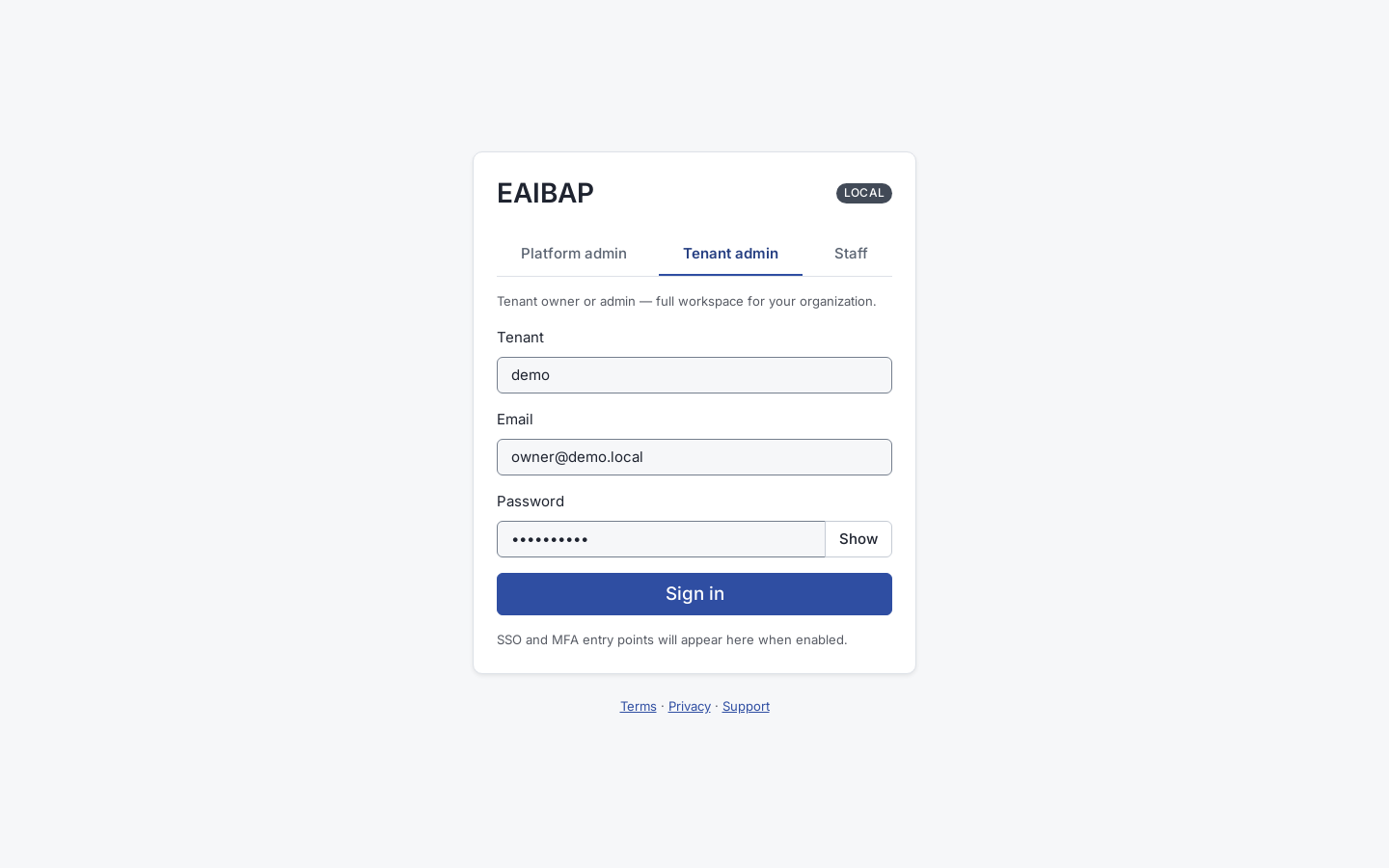 EAIBAP login with Platform, Tenant and Staff tabs
