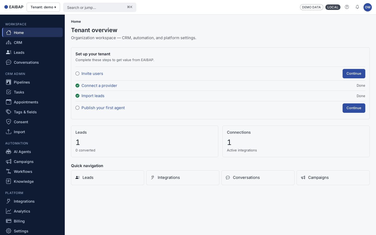 EAIBAP tenant home with onboarding checklist and KPI tiles