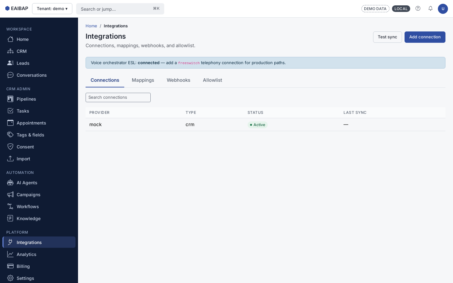 EAIBAP integrations connections table