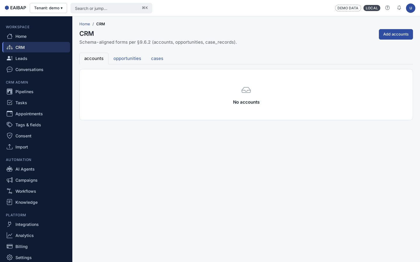 EAIBAP CRM accounts and pipeline view