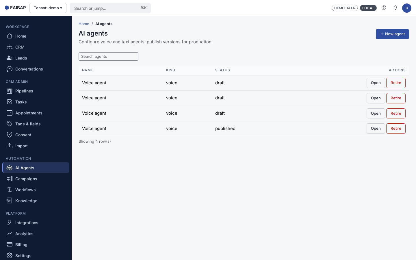 EAIBAP AI agents versions and deployments