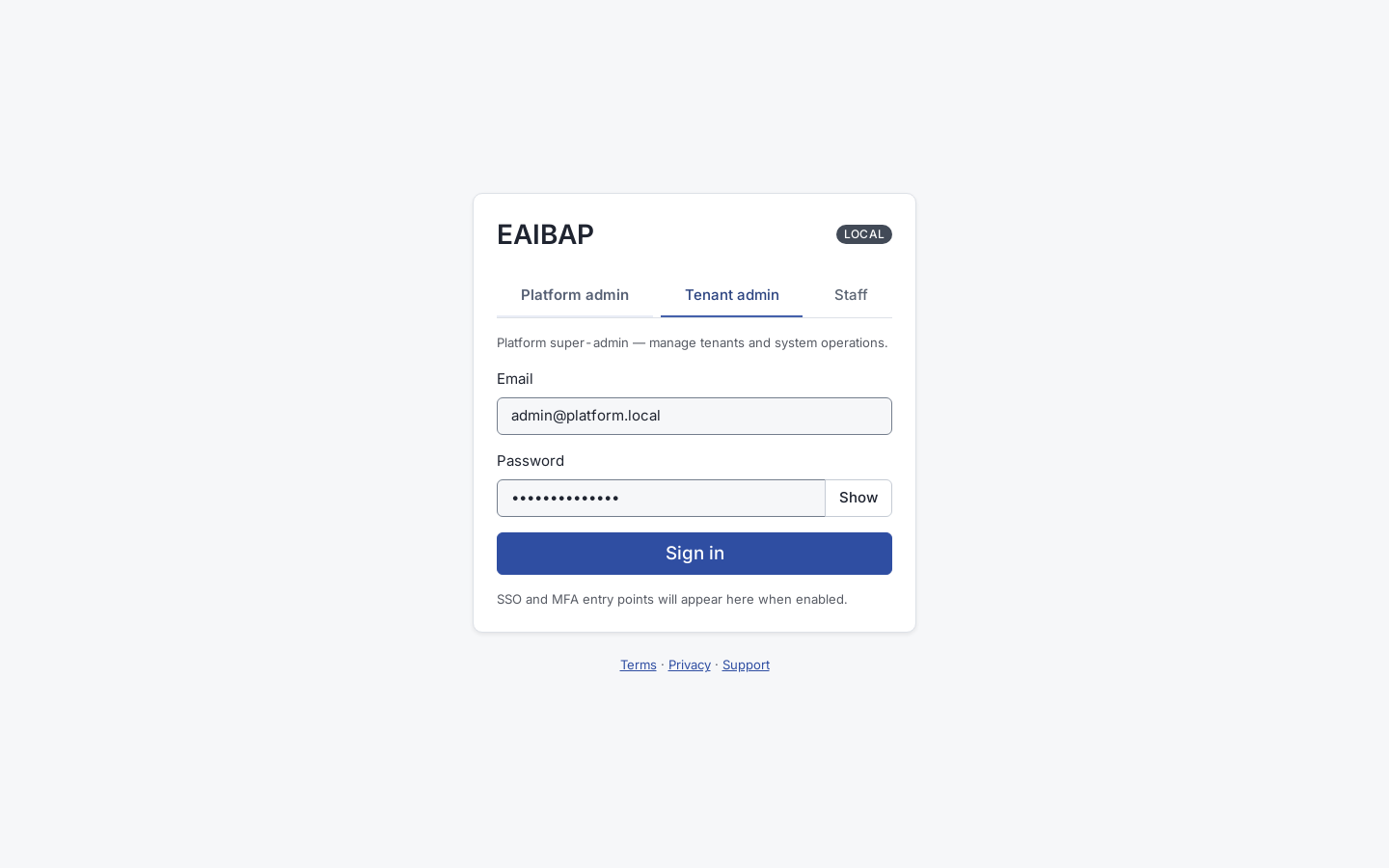 EAIBAP platform administrator login