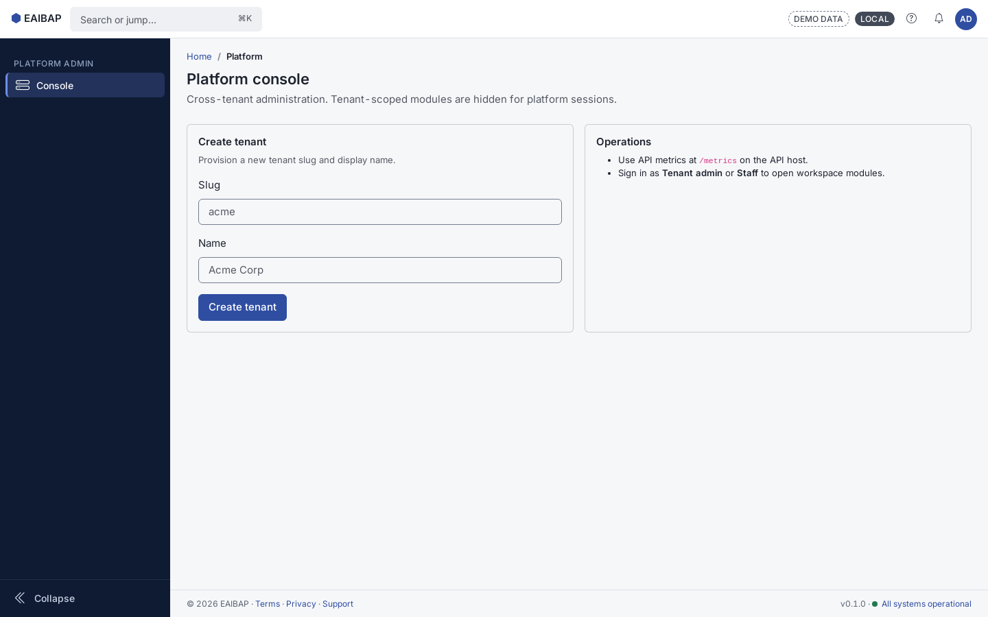 EAIBAP platform console tenant list