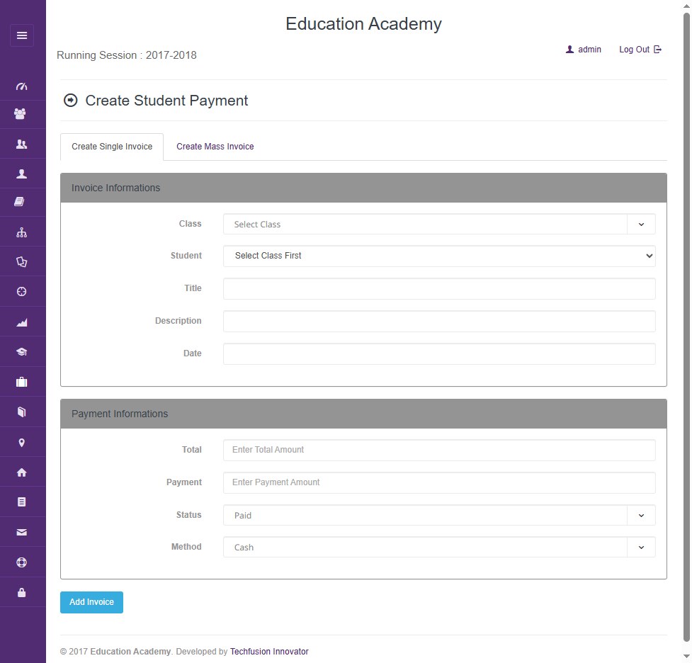 School ERP create student payment invoice form with paid status and cash method