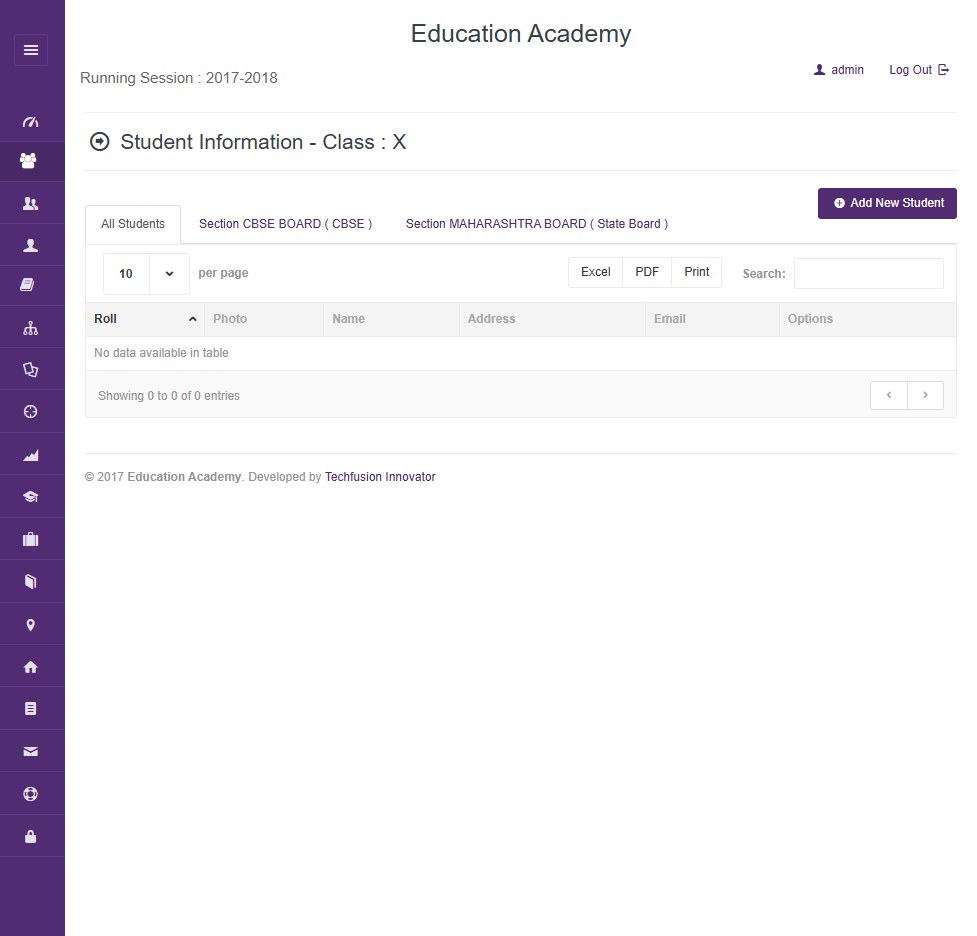 School ERP student management dashboard with class and section records