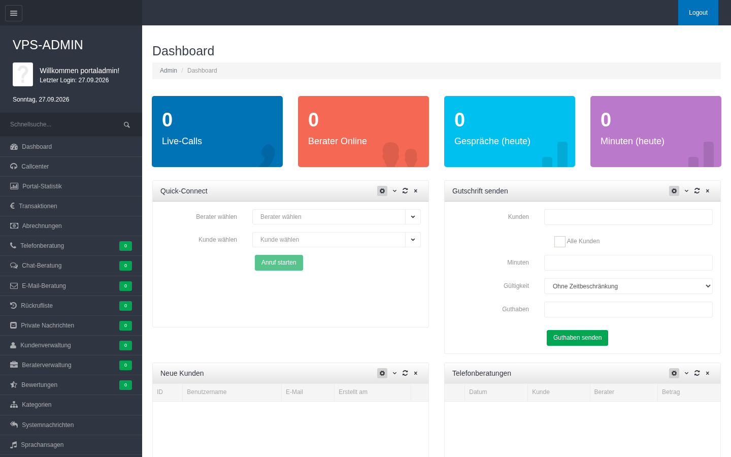admin dashboard KPI tiles Quick-Connect and operations navigation