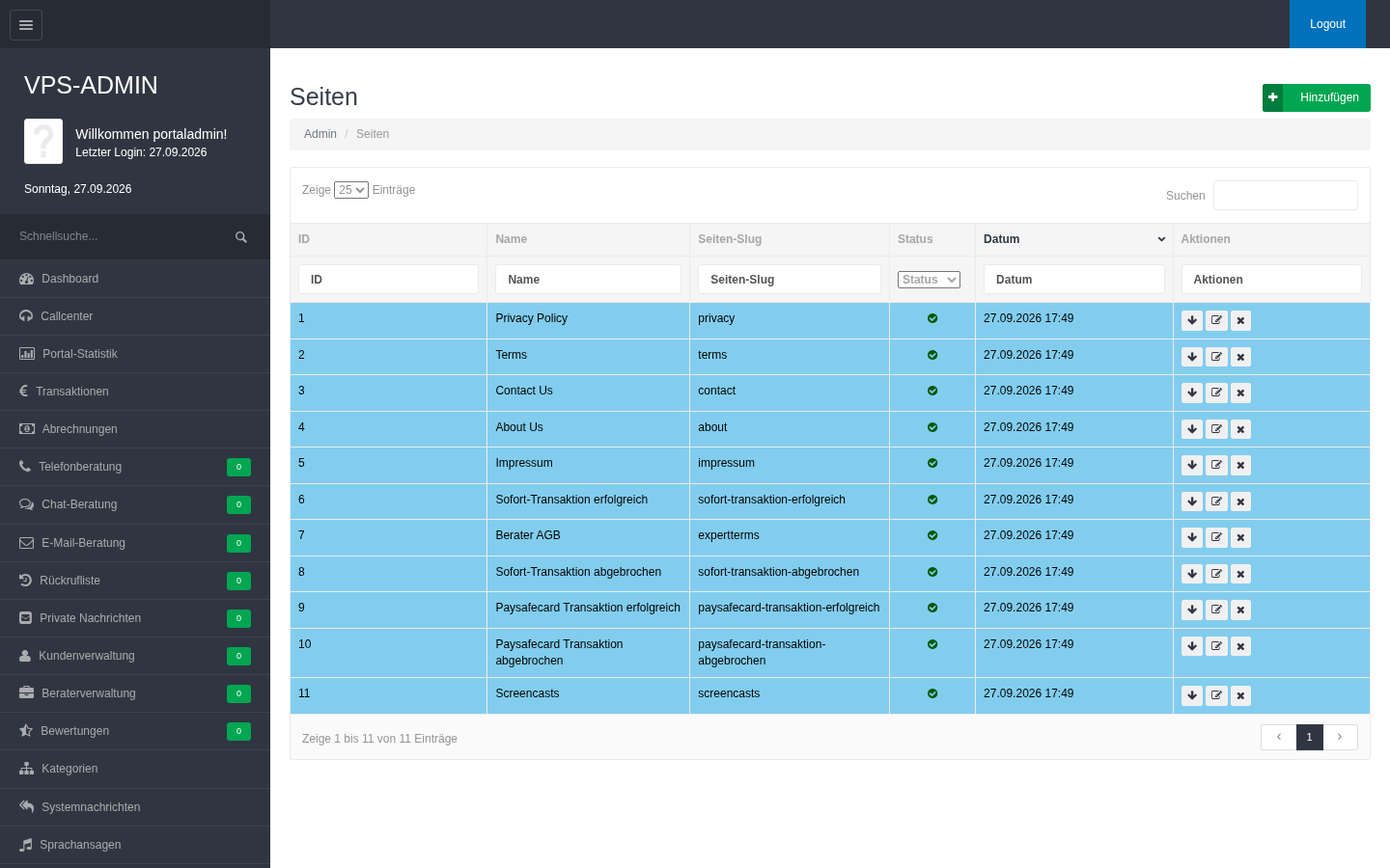 admin CMS hierarchical content pages privacy terms contact