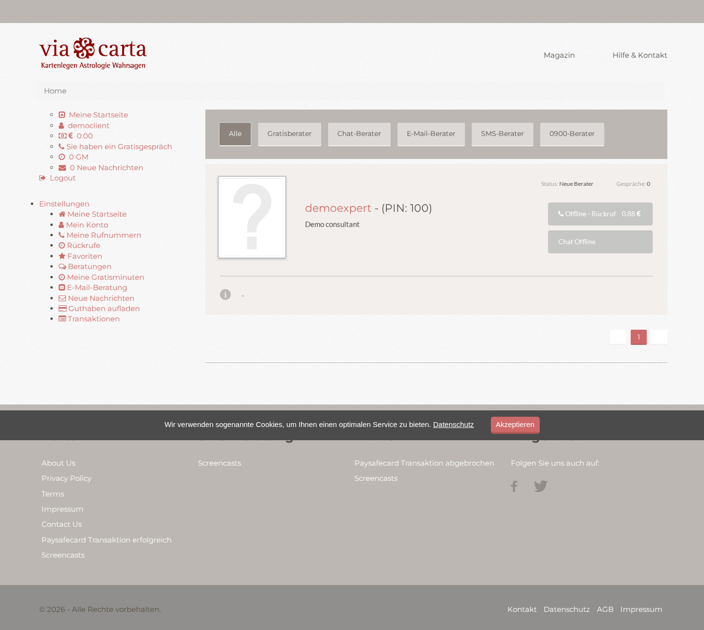 client dashboard with wallet credit consultant filters and account sidebar