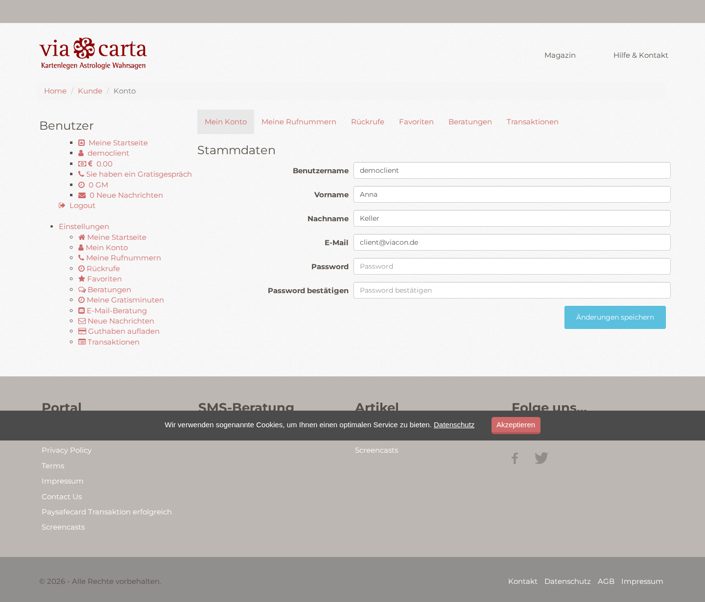 client account Stammdaten with dashboard navigation tabs