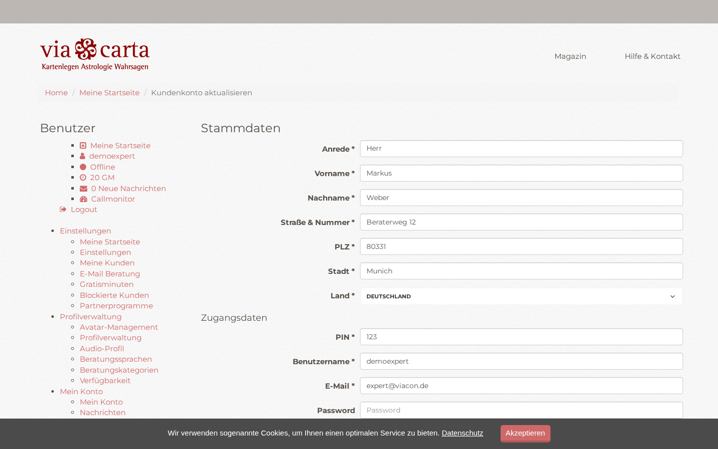 expert account with address PIN and credentials for telephony login