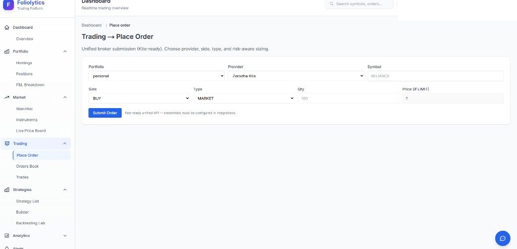 Portfolio analysis platform place-order form: personal portfolio, Zerodha Kite provider, RELIANCE market buy, Kite-ready credentials note
