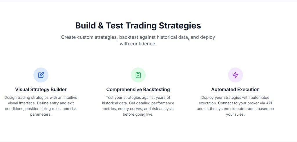 Public strategies section: visual builder, backtesting, automated execution