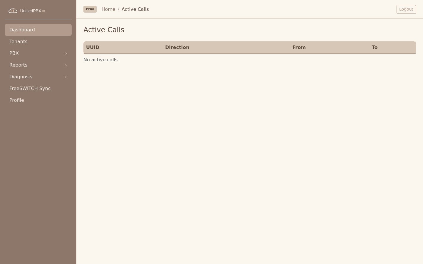 Active Calls table with UUID, Direction, From and To; no active calls