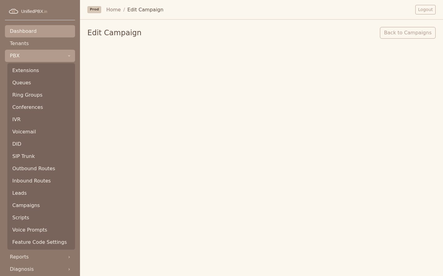 Edit Campaign page with Back to Campaigns and the full PBX object menu
