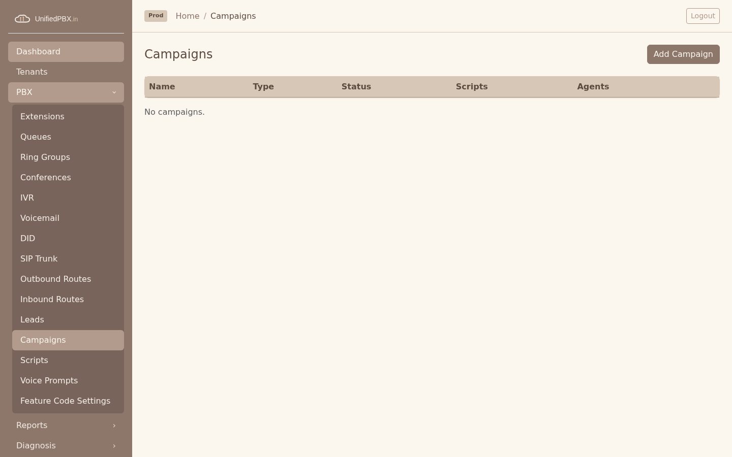 Campaigns table with type status scripts and Add Campaign