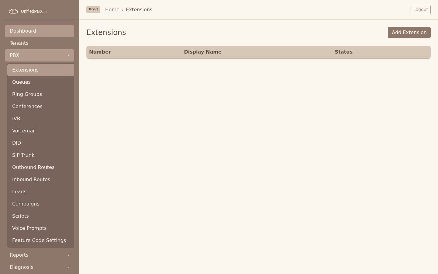 Extensions list with Add Extension; empty table for number, display name and status