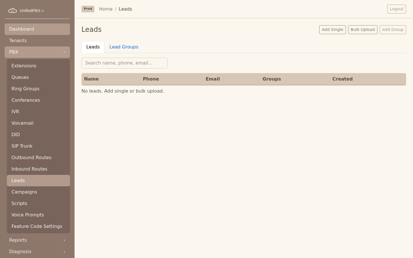 Leads screen with Add Single, Bulk Upload, Add Group and Leads versus Lead Groups tabs
