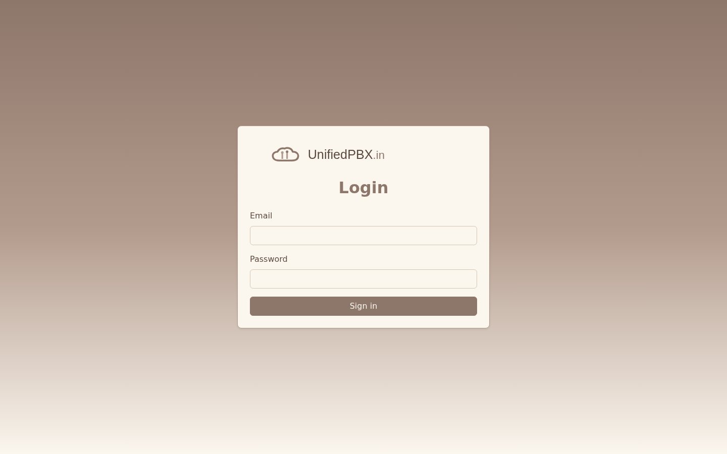 UnifiedPBX.in sign-in card with email and password