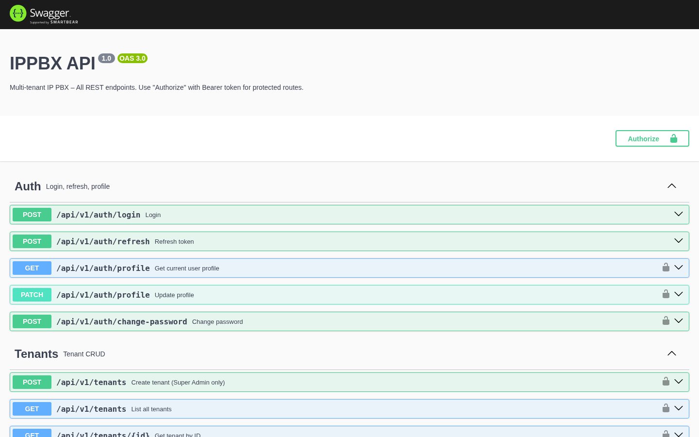 Swagger IPPBX API 1.0 with Auth and Tenants tags; POST tenants labelled Super Admin only