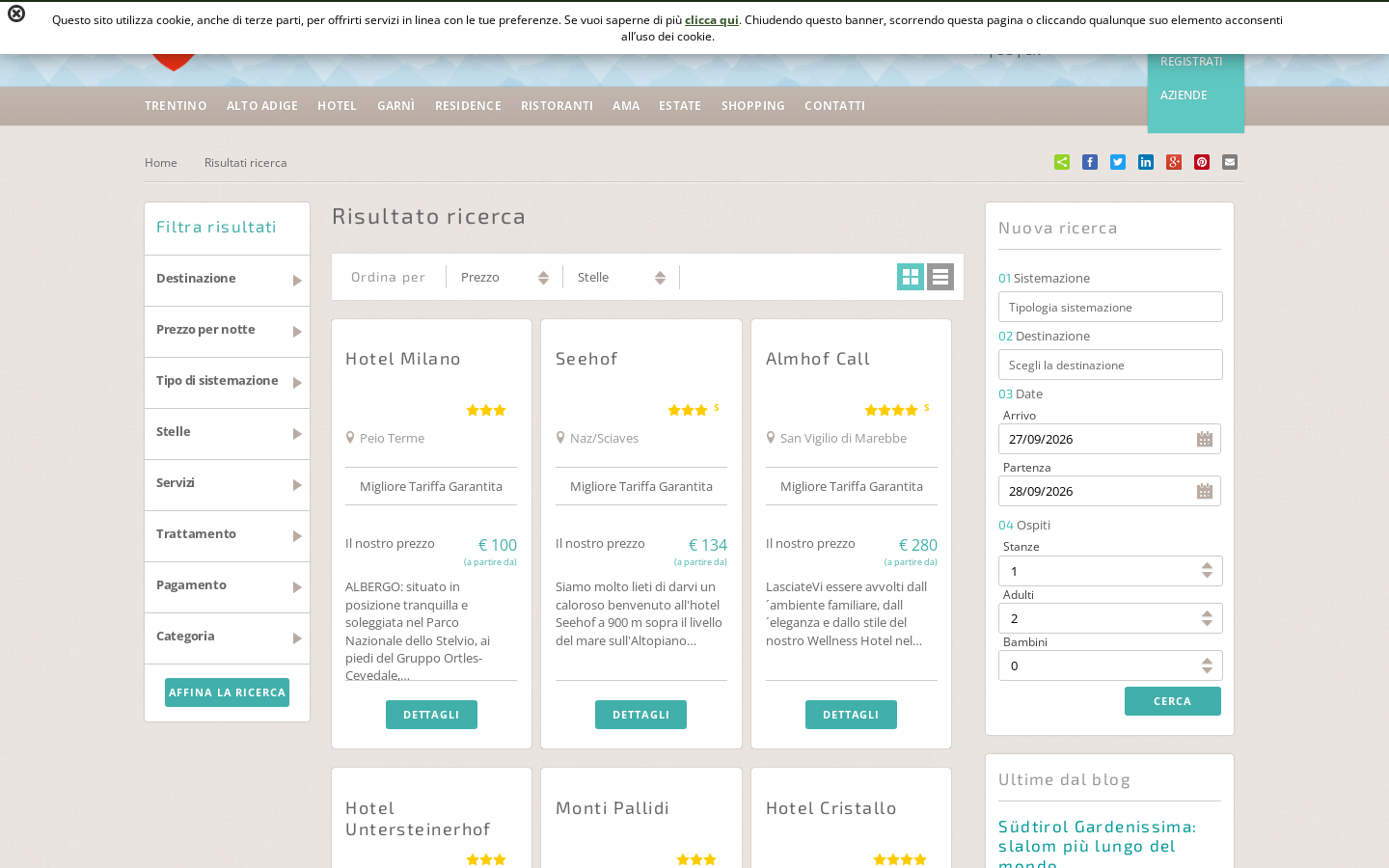 Search results with filters, prices and property cards