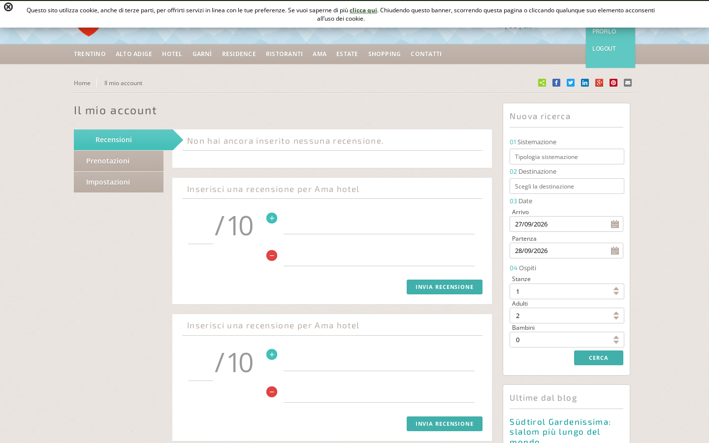 Customer account with reviews, reservations and settings
