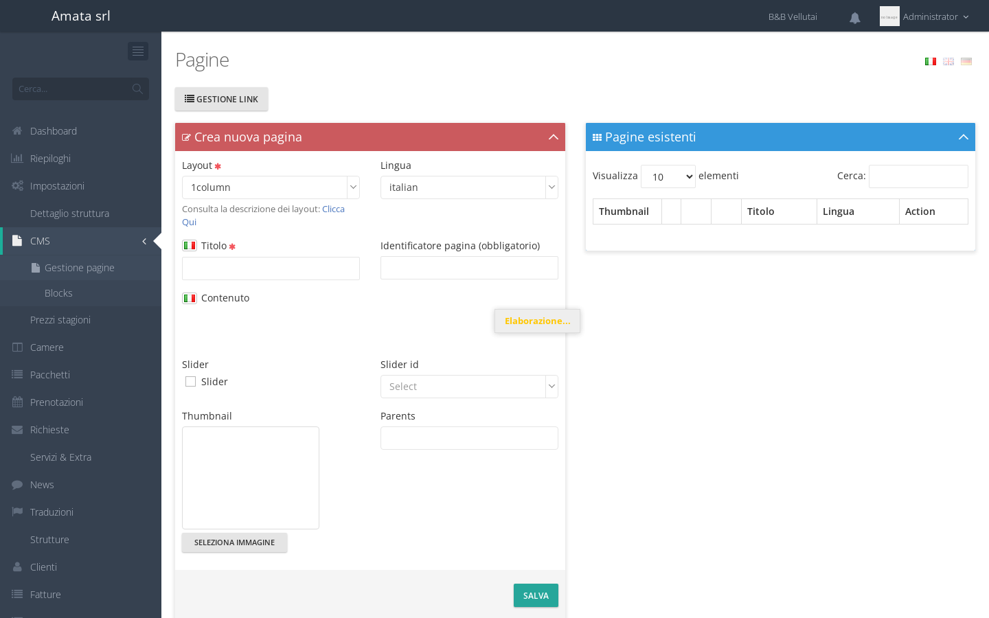 CMS page editor with layout and multilingual content