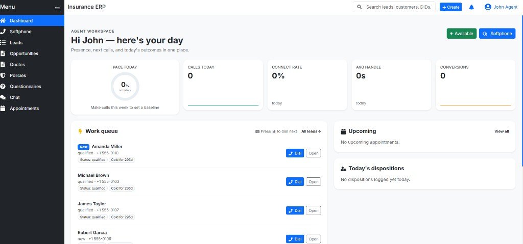 Insurance ERP agent workspace with Dial and work queue