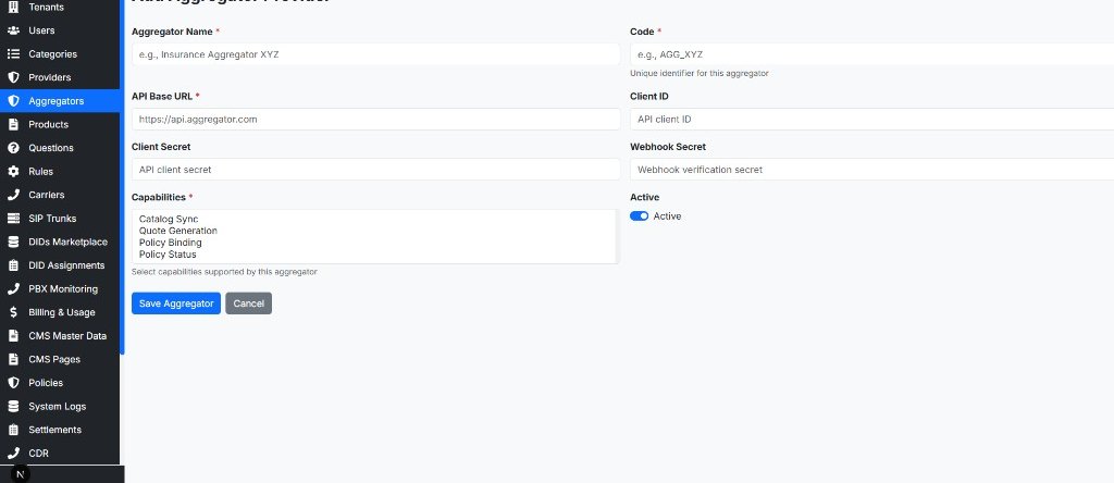 Add aggregator provider form with API URL and quote capabilities
