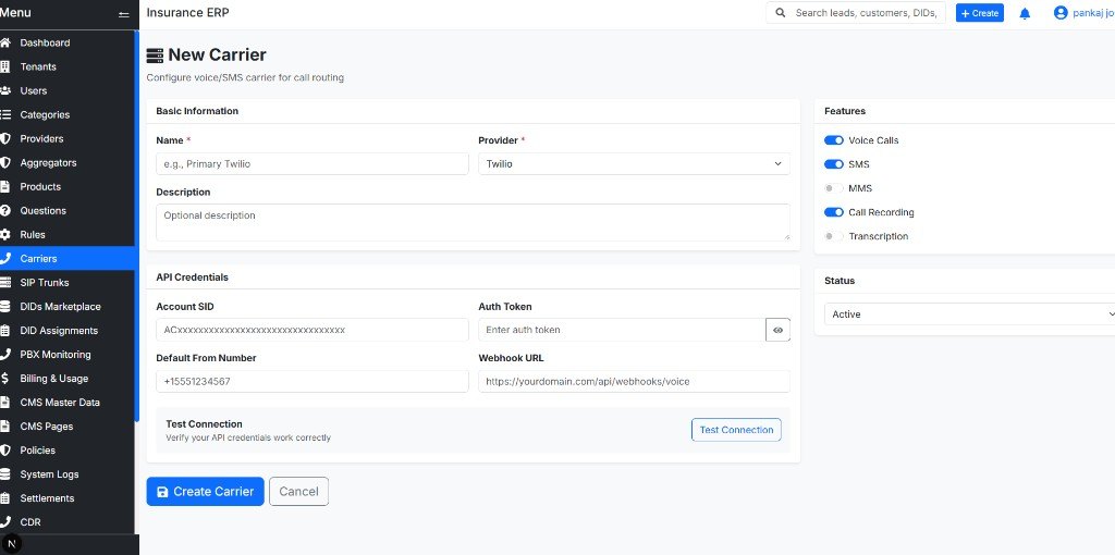 New carrier form with Twilio provider and voice, SMS and recording toggles