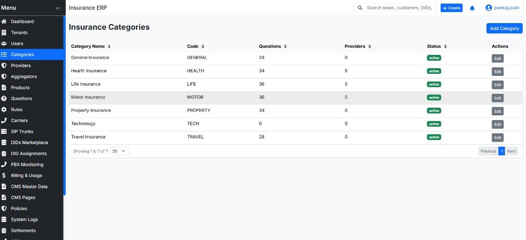 Admin insurance categories with question and provider counts