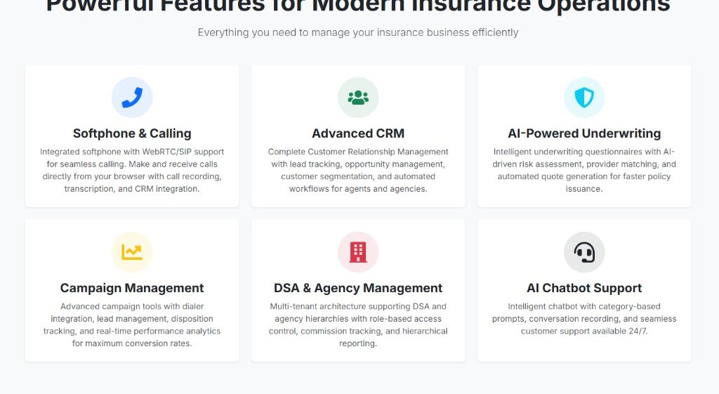 Insurance ERP features: softphone, CRM, underwriting, campaigns, DSA management, chatbot