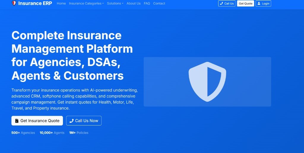 Insurance ERP public landing for agencies, DSAs, agents and customers