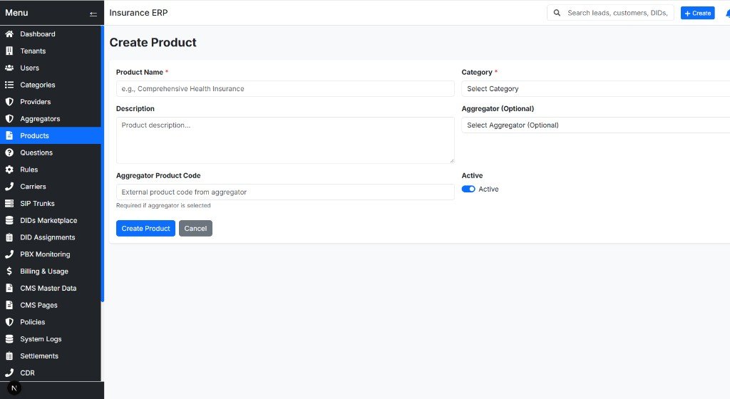 Create insurance product form with category and aggregator code