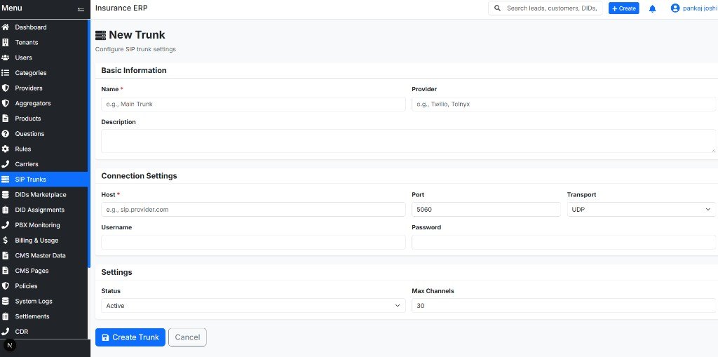 New SIP trunk form with host, port, transport and max channels