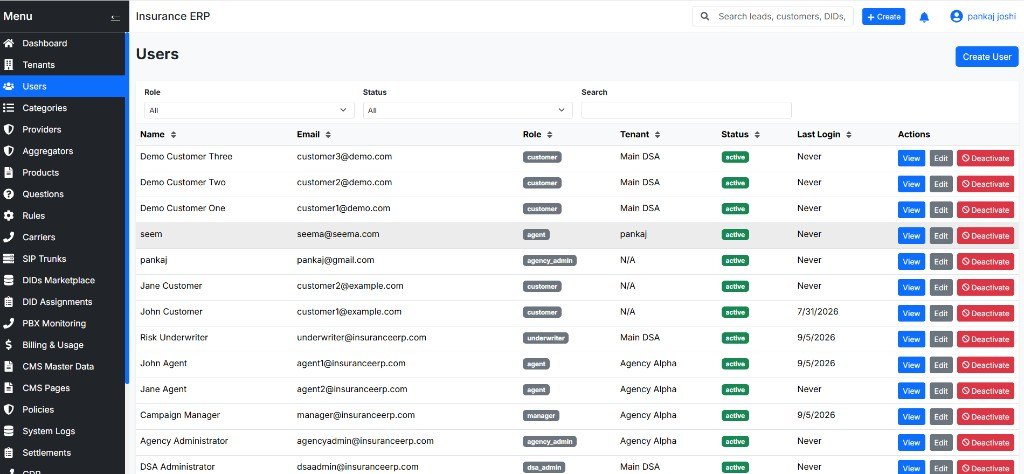 Insurance ERP users table with customer, agent, admin and underwriter roles
