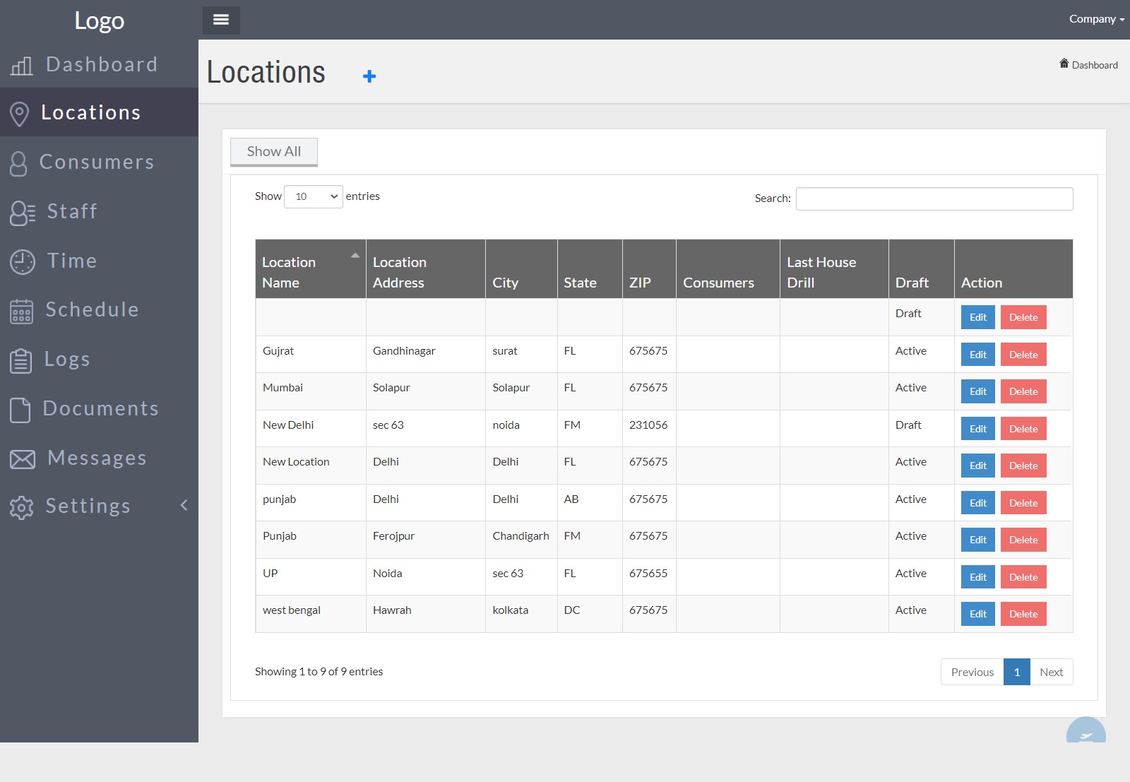 Care home locations registry with addresses, consumer counts and house drill dates