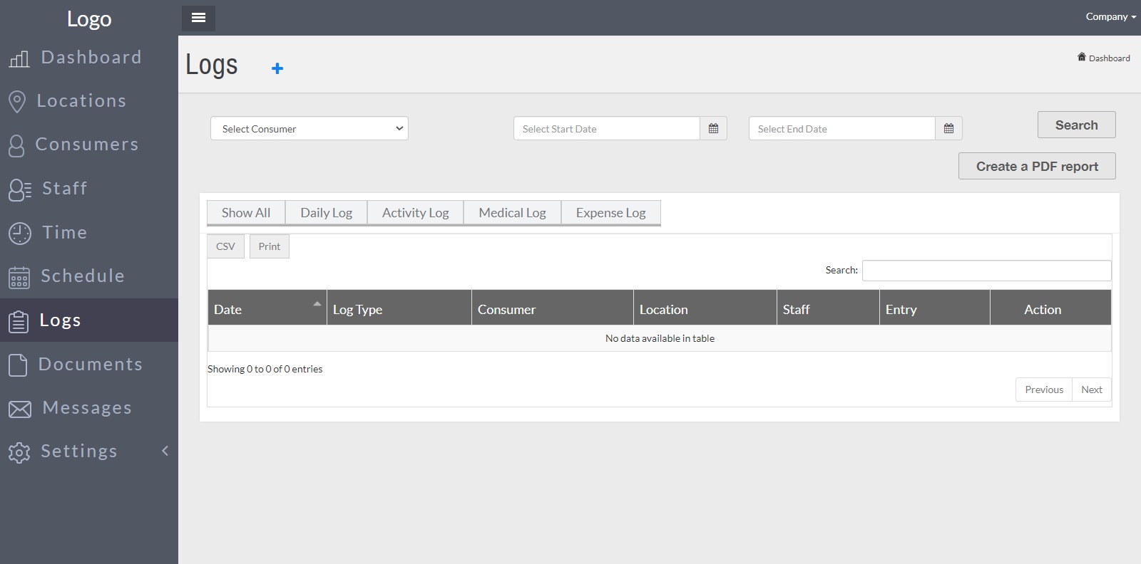 Care home logs desk with daily activity medical and expense filters and PDF export