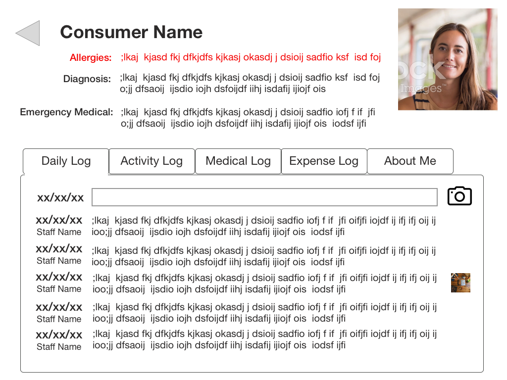 Care home mobile resident chart with allergies diagnosis and log tabs