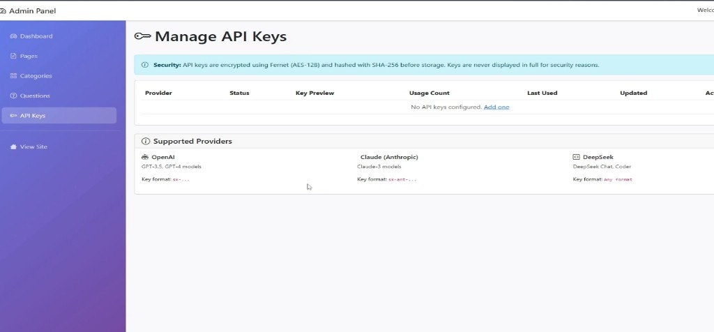 Manage API Keys screen with OpenAI, Claude and DeepSeek as supported providers and no keys configured