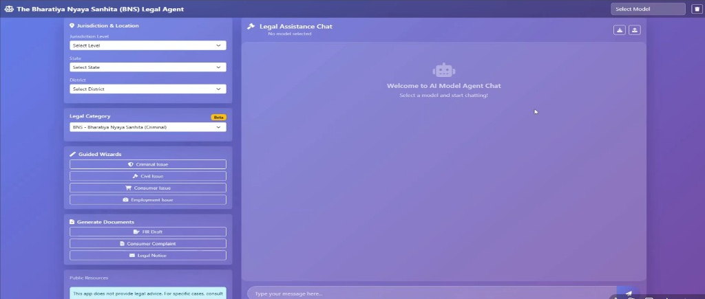 Bharatiya Nyaya Sanhita legal agent chat with jurisdiction, category, guided wizards and document draft actions