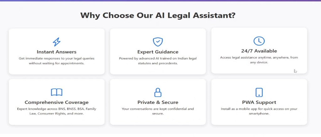 Why Choose Our AI Legal Assistant: instant answers, expert guidance, 24/7, comprehensive coverage, private and secure, PWA support