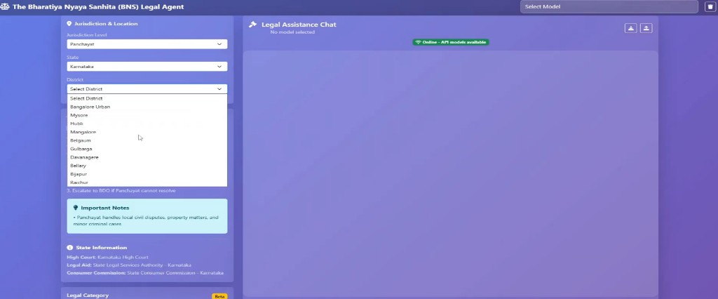 Legal agent with Panchayat jurisdiction, Karnataka selected and district dropdown listing Bangalore Urban, Mysore, Hubli and other districts