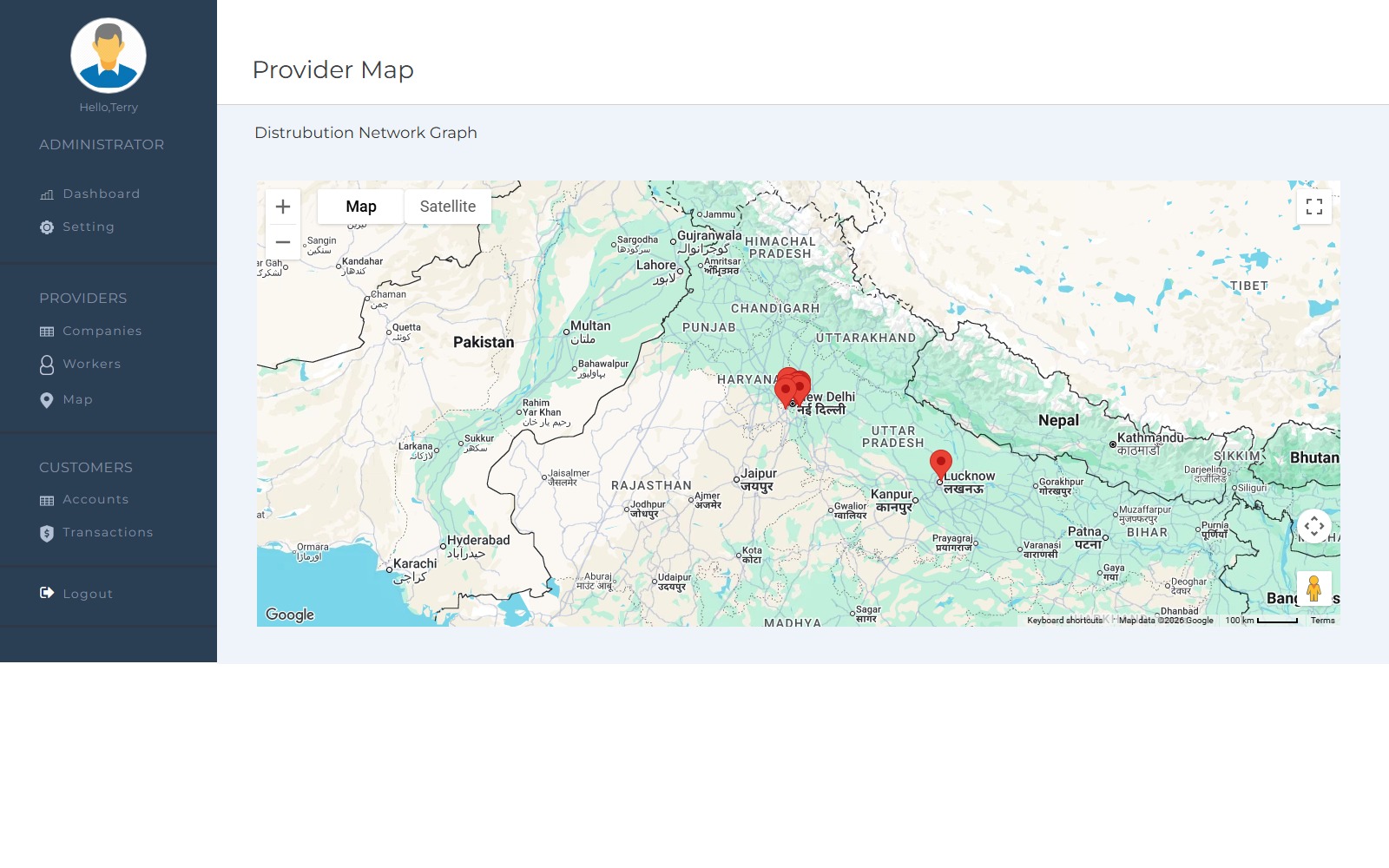 Field service admin Google map of workers and service coverage