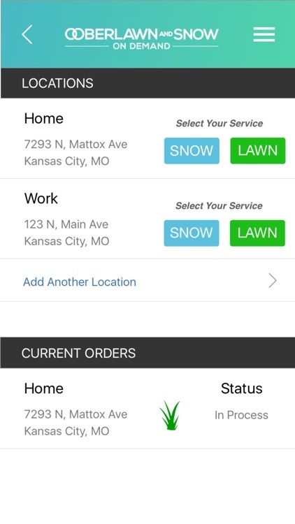 Customer mobile locations with snow and lawn buttons and in-process order
