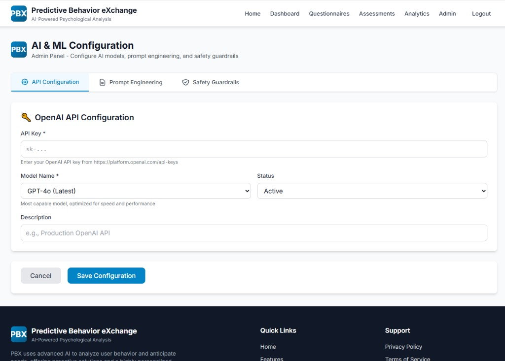 PBX OpenAI API configuration with masked key and GPT-4o selected