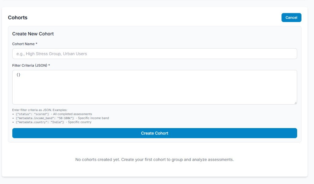 PBX create-cohort form with JSON filter criteria