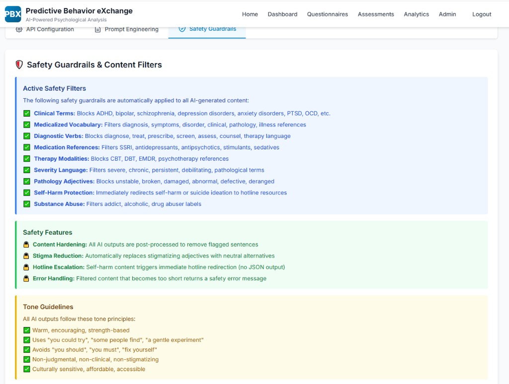 PBX safety guardrails listing clinical-term filters, self-harm protection and tone guidelines