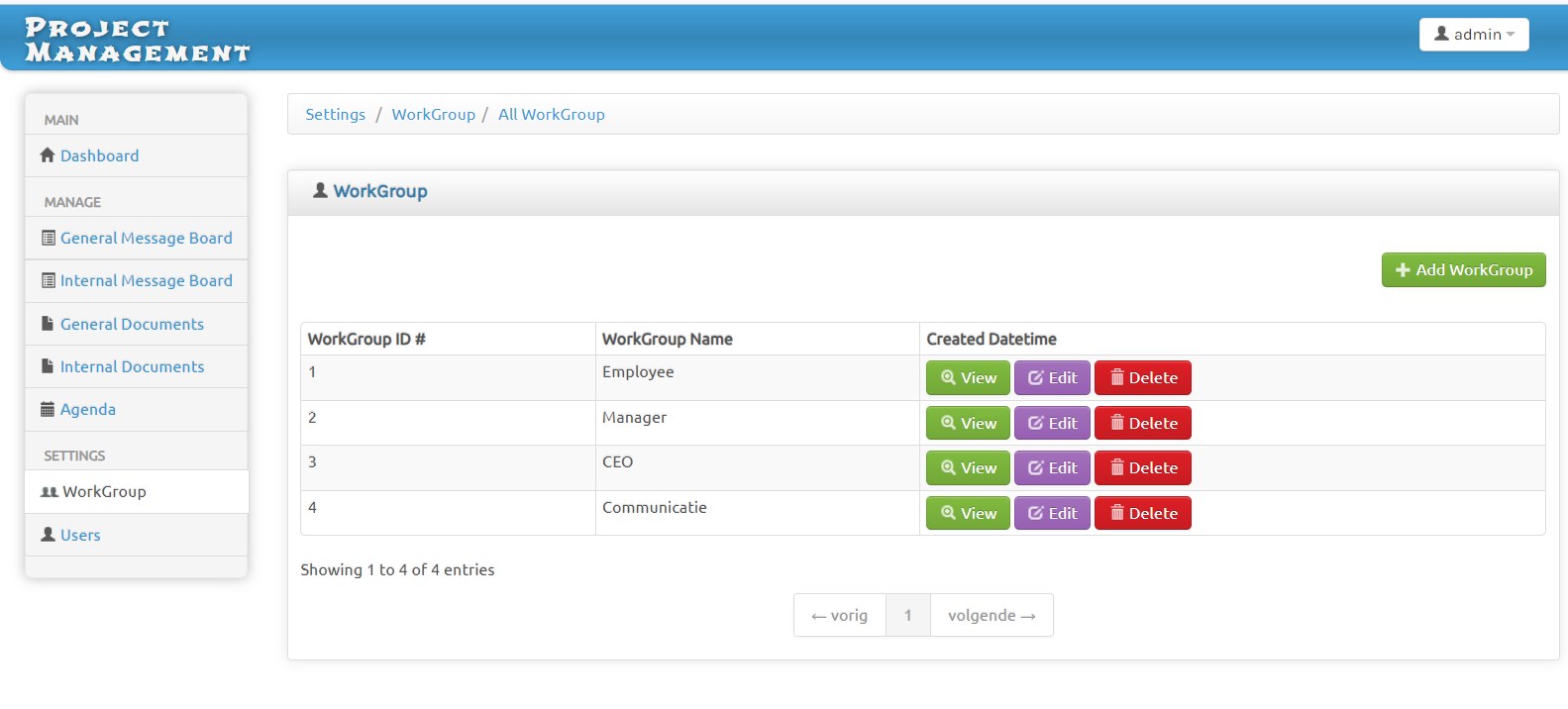 Agenda list with dated topics and view actions
