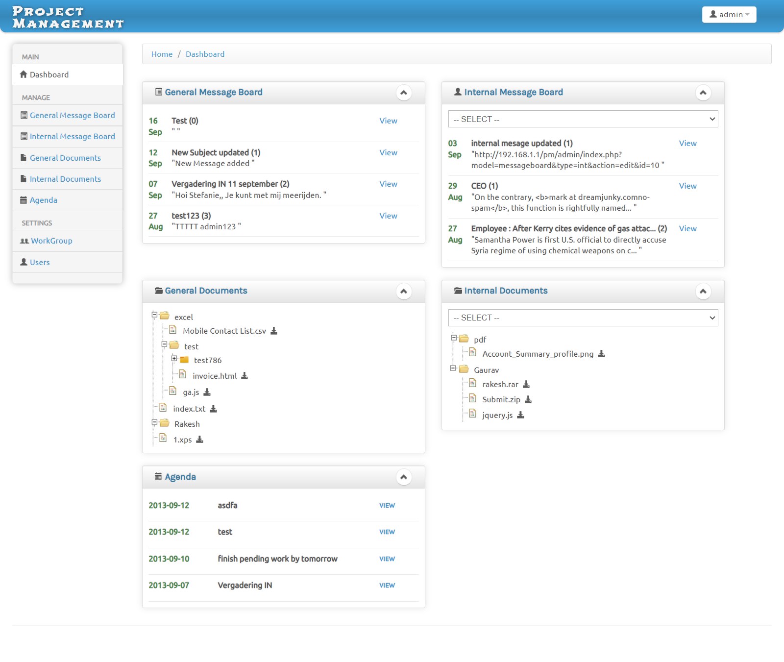 Member dashboard with general and internal message board widgets, document trees and agenda panel